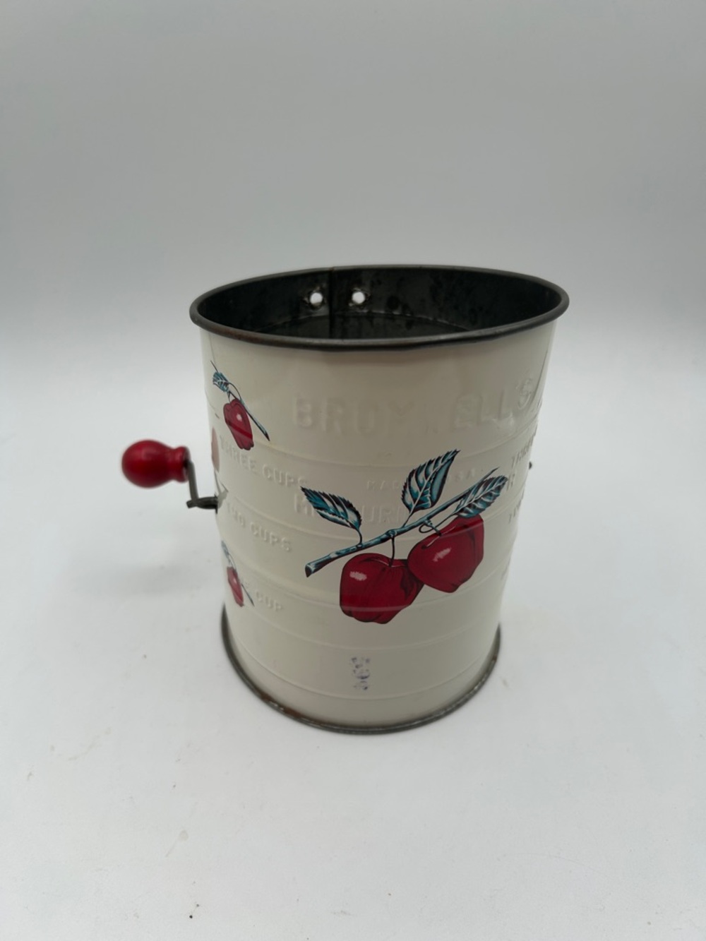 Vintage Bromwell's Flour Sifter with Apple Red Pattern - 3 Cup Capacity